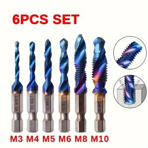 TEMU 6개 티타늄 도금 헥스 샤크 HSS 나사 스레드 메트릭 탭 드릴 비트 나사 기계 복합 M3 M4 M5 M6 M8 M10 핸드 도구