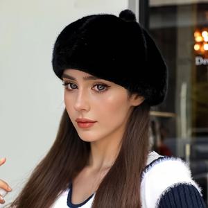 TEMU 여성용 인조 여우 모피 베레트 모자 - 따뜻한 빈티지 스타일, 리본 디테일, 흰색 및 해군 파란색, 겨울과 크리스마스 의상에 완벽, 귀여운 모자