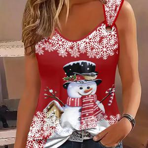 TEMU 여성용 아웃도어 캐주얼 3D 프린트 크리스마스 패턴 라운드 홀 버클 조끼 | V넥, 중간 정도 신축성 있는 원단, 우아한 스타일