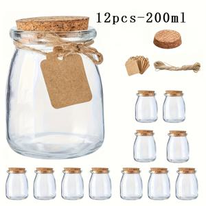 TEMU 12개 팩 미니 유리 병, 코르크 뚜껑 포함 - 200ml BPA 프리 재사용 메이슨 캐닝 병, 웨딩 선물, 꿀, 사탕, 요거트 - 태그 및 꼬임 포함, 냉동고 안전, 타원형, 기계 세척 가능