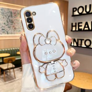 TEMU 삼성 갤럭시 노트8/노트9/노트10/노트10플러스/노트10리이트/A81/M60S/N950F/N960F/N970F용 토끼와 넥타이 폰 커버, 귀여운 만화 메이크업 거울 스탠드, 2024년 새로운 모바일 폰 케이스용 방수 방진 전기 도금 부드러운 쉘
