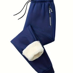 TEMU 남성용 헤비웨이트 플리스 안감 조거 팬츠 - 겨울용 보온 두꺼운 캐주얼 스웨트팬츠, 탄력 있는 커프스 & 조절 가능한 드로스트링 허리, 블랙 솔리드 컬러 야외 스포츠 및 추위 방지, 플러시 안감 따뜻함