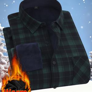 TEMU 남성용 보온 겨울 셔츠 - 무거운 체크무늬 드레스 셔츠, 비대칭 칼라, H 사이즈 레귤러 핏 긴팔 버튼업, 추운 날씨용 (블루/레드/블랙/탄) - 손세탁 가능한 사무실 및 정장
