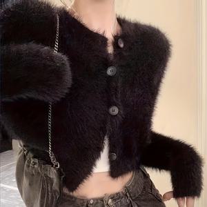 TEMU 1pc 여성 캐주얼 퍼지 블랙 니트 가디건 - 폴리에스테르 라운드넥 긴팔 버튼 클로저 풀오버 가을/겨울용|가디건