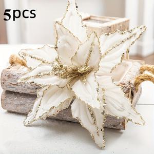 TEMU 크리스마스 장식용 인공 꽃 5개 세트, 반짝이는 시퀸 벨벳 크리스마스 플라워 - 10.2인치, 크리스마스 트리 장식 및 휴일 센터 홈 장식에 적합, 전원 필요 없음, 실내외 장식용 꽃 배치, 크리스마스 DIY 꽃, 파티 핸드헬드 플라워