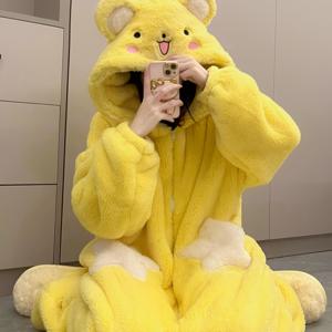 TEMU 여성을 위한 편안한 만화 곰 원피스 파자마 1개, 가을/겨울 따뜻한 코랄 플리스 수면복, 후드, 지퍼 디테일, 단색, 니트 폴리에스테르, 성인용 남녀공용 루즈웨어