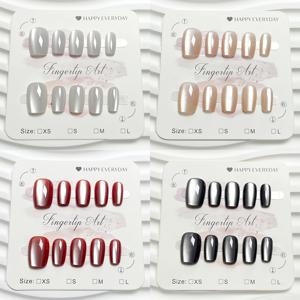 TEMU 40개 패셔너블 캣 아이 프레스온 네일 세트 - 짧은 발레 모양, 은색, 연한 핑크, 빨강 & 검정 그라데이션과 글리터 마감 - 재사용 가능, 젤리 접착제, 네일 파일 & 나무 스틱 포함 - 파티, 프롬 & 캐주얼 의상에 완벽