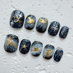 TEMU 10개 럭셔리 핸드메이드 프레스온 네일 세트 - 광택 있는 블랙과 골드 호일 악센트, 우아한 매니큐어를 위한 짧은 타원형