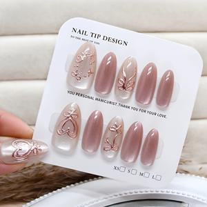 TEMU 10개 아몬드 모양 아이스 미스트 빈 샌들우드 캣아이 프레스온 네일로 즉시 룩 업그레이드, 3D 리본과 하트 스타 디자인, 여성용 일상 착용에 적합