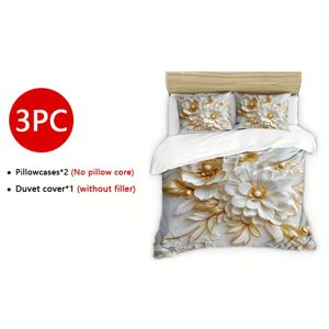 TEMU 3pcs 골든 펄 플라워 이불 커버 세트 (지퍼 클로저가 있는 이불 커버 1개 + 베개 커버 2개 포함) 골든 리프 펄 플라워 디자인, 100% 통기성 폴리에스테르 소재, 부드럽고 편안한 침구 세트, 기계 세척 가능.