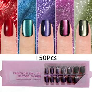 TEMU 150개 아크릴 짧은 사각형 캣아이 프레스 온 인조 네일, 5가지 색상의 패션 캣아이 디자인 인조 네일 세트, 여성용 인조 네일 장식, 네일 살롱, 훌륭한 선물 및 고급 포장!