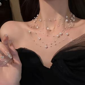 TEMU 스타일의 다층적인 모조 진주 목걸이, 보이지 않는 비즈 체인, 플라스틱, 데이 선물, 파티 액세서리, 전 сез션 착용에 적합합니다.