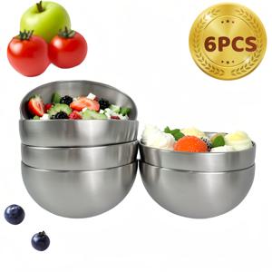 TEMU 6개, 5.9인치 은색 스테인리스 스틸 믹싱 볼, 녹 방지 및 스크래치 방지, 과일, 시리얼, 스낵, 애피타이저용 샐러드 서빙 볼 - 가정용 주방 및 레스토랑 사용에 이상적