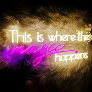 TEMU 이곳이 마법이 일어나는 곳 네온사인 - 대형 25.6x10.4인치 벽걸이형 네온 조명 (리모컨 디머 포함), USB 전원 따뜻한 흰색-핫 핑크 & 골든 글로우, 침실, 결혼식, 크리스마스 파티 장식, 침실용 네온사인, 웨딩 장식