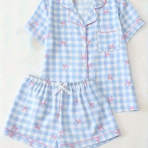 TEMU 여성용 블루 프린트 두 개 세트 여름 파자마 세트, 반팔 버튼 업 리본 칼라 셔츠와 반바지, 봄과 여름을 위한 캐주얼 홈웨어, 폴리에스터, 올 시즌, 캐주얼 웨어|체크 패턴|리본 디테일