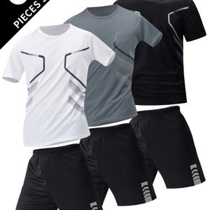 TEMU 남성용 여름 반팔 슈트 6개 세트 - 캐주얼 스포티 라운드 넥 티셔츠 & 반바지 세트, 통기성이 좋은 신축성 있는 소재, 체육관, 러닝, 야외 활동용 정상적인 핏, 체육관 의류 | 스포티 디자인 | 편안한 핏