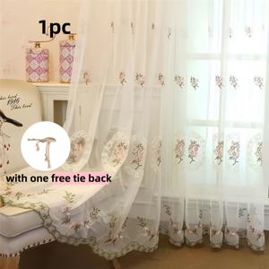 TEMU 1pc 우아한 꽃무늬 레이스 커튼 - 로맨틱한 화이트 시어 드레이프, 골든 꽃무늬 자수, 거실이나 침실 장식에 완벽, 1개 무료 타이백 포함, 기계 세탁 가능 폴리에스터 원단, 침실 장식 | 꽃무늬 자수 | 시어 커튼, 거실 커튼