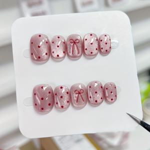 TEMU 10개 세트 핸드메이드 핑크 도트 리본 캣아이 심플 귀여운 짧은 스퀘어 네일 데일리 여름 데이트 살롱 탈착식 인조 네일, 네일 아트 DIY 애호가 여성용