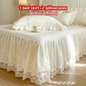 TEMU 3pcs 솔리드 컬러 라이트 베이지 브러시드 + 엑스트라 레이어 레이스 자카드 침구 세트: 1pc 피티드 시트 + 2개 베갯잇, 다층 자수 디자인, 스타일리시하고 우아한, 흡습성, 통기성, 주름 방지 & 조용함, 매트리스 커버 포함, 침실 분위기를 한층 업그레이드