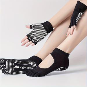 TEMU 요가 세트 조합 요가 장갑 및 요가 양말 미끄럼 방지 피트니스 스포츠 여성용 에어리얼 요가 양말 요가 양말 다섯 손가락 양말 'S 발 길이 8.86인치에서 9.45인치까지 적합|헬스장갑