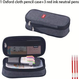 TEMU 4개 세트: 옥스포드 천 필통 (빨간색 잉크 중성 펜 3개 포함), 휴대용 사무용 문구 보관함, 소형 지퍼 백, 학습용 문구 보관에 적합