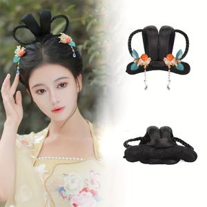 TEMU 고급스러운 중국 스타일 가발, 천 개의 롤빵과 소형 오렌지 머리핀 세트. 롤빵 액세서리는 합성 머리로 제작되어 고대 의상 스타일링 및 역할극에 적합합니다