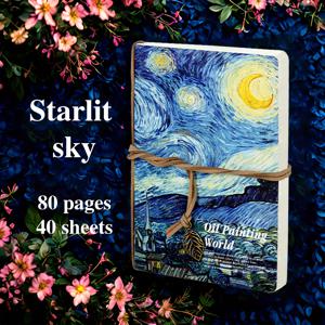 TEMU 밤하늘 디자인의 반 고흐 A5 빈티지 여행 노트 1개. 80페이지의 빈 페이지가 담겨 있습니다. 빈티지 잎사귀 태그와 붕대 바인딩이 함께 제공되며, 손으로 그림 그리기, 쓰기 및 계획에 적합하며, 아티스트를 위한 완벽한 선물입니다.