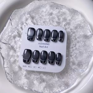 TEMU 10pcs 손으로 만든 사각형 착용 가능한 네일 팁 순백색 글리터 고양이 눈 실버 마법 거울 분사 프랑스 백색 엣지 고급 감성 간단한 스타일 네일 팁