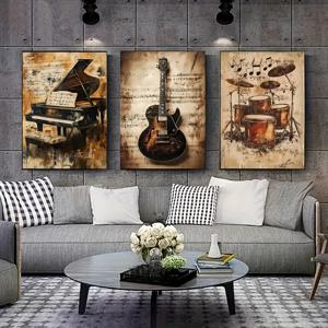 TEMU 3pcs 레트로 악기 캔버스 벽화 세트 - 기타, 피아노, 드럼 포스터, 프레임 없는 포스터, 거실, 침실, 주방, 욕실, 사무실 및 카페용 - 완벽한 방 장식, 침실 벽 장식|빈티지 벽 장식|프레임 없는 포스터, 벽 장식