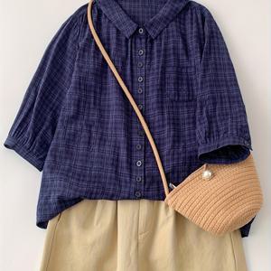 TEMU 여성용 라이트웨이트 빈티지 블라우스 - 네이비 & 베이지 그리드 셔츠, 봄/가을/여름용 버튼 프론트 클로저, 비침 방지 사무실 및 데일리 탑 (세탁기 사용 가능), 봄 시즌 필수 아이템, 가을 레이어링 피스, 통기성 원단