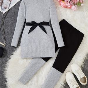 TEMU 여아 가을/겨울 2피스 세트, 패션 캐주얼 스타일: 하이넥 롱 스웨터 드레스와 대조 패치워크 레깅스로 일상 야외 및 학교 모임 착용 - 백투스쿨 시즌 가을 겨울 선물 (벨트 포함), 야외 활동에 완벽|가을원피스