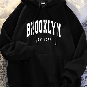 TEMU 남성 해군 파란색 브루클린 뉴욕 그래픽 후디 - 대담한 흰색 문자 인쇄, 긴 소매, 그리고 드로스트링 후드가 있는 캐주얼 스트리트웨어, 가을/겨울에 완벽한 캐주얼 스트리트웨어|대담한 그래픽 후디| 편안한 핏