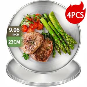 TEMU 4개 9인치 스테인레스 스틸 저녁 식사 접시 - 가정 및 야외 사용을 위한 폴리시 라운드 서비스 접시, 샐러드, 피자, 바베큐, 추수감사절, 크리스마스, 할로윈, 새해, 봄 축제, 일상 식사 필수품 | 현대 식기 | 내구성 식기