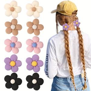 TEMU 10개입 나일론 원단 꽃 머리끈, 컬러풀 대비 디자인 귀여운 꽃 헤어 , 포니테일 및 땋은머리 액세서리, 신축성 있는 머리띠, 손상 없는 헤어 장식, 필수 파티 헤어 소품