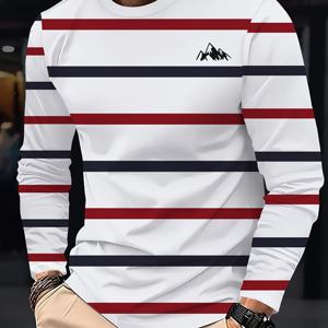 TEMU 남성용 긴팔 티셔츠 - 레드 & 네이비 블루 가로 줄무늬, 통기성 좋은 일상 캐주얼 셔츠, 사무실/파티/외출용, 세탁 가능 비침투적 상의, 라운드넥 클래식 디자인, 내구성 있는 캐주얼웨어, 파티룩, 패턴, 가벼운 실내외 착용, 다목적 탑