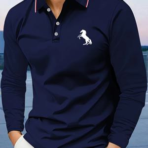 TEMU 남성용 긴팔 셔츠 - 회색, 흰색 말 로고 및 경마 말 프린트, 클래식 칼라 라펠 칼라, 정상 핏 봄/가을 캐주얼 & 비즈니스 웨어, 기계 세탁 가능