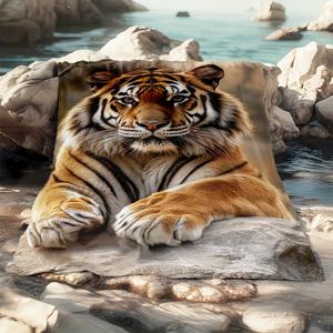 TEMU 1개 호랑이 누워있는 담요 - 가벼운 플란넬 담요, 사실적인 호랑이 프린트, 부드럽고 따뜻한 사계절용 포근한 담요 (소파, 캠핑, 침대, 사무실용), 브라운 - 동물 애호가를 위한 이상적인 선물, 플러시 질감, 다용도 커버, 홈 데코레이터