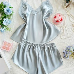 TEMU 청소년 여아용 패셔너블 큐트 프레시 레이스 스플라이싱 캐미솔 쇼츠 파자마 세트, 2pcs