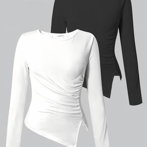 TEMU 2개 세트 여아용 슬림핏 비대칭 넥라인 긴팔 티셔츠 - 라운드넥 캐주얼 레이어링 탑, 화이트 & 블랙 솔리드 컬러 니트 셔츠, 봄/가을 데일리 및 아웃도어 웨어, 청소년 패션 필수템, 세탁기 사용 가능