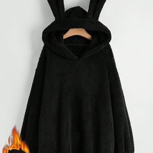 TEMU 여성용 아늑한 플리스 안감 후드 스웨트셔츠 - 긴 소매, 검은색, 캐주얼 겨울 풀오버, 토끼 귀 디테일, 가을과 겨울을 위한 부드럽고 따뜻한, 가을 겨울 의류 | 후드 풀오버 | 부드러운 플리스 소재