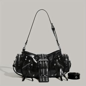 TEMU Y2K-감성 블랙 크로스 보더 핸드백, 자기 닫힘 및 분리 가능한 스트랩 - 여성용 내구성 폴리에스터 커뮤터 백, 일상 사용 또는 업무에 적합, 크로스바디 지갑, 다용도 여행 액세서리, 레트로 핸드백, 튼튼한 구조