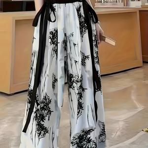 TEMU 여성용 가벼운 통기성 여름 와이드 레그 팬츠 - 대나무 패턴, 루즈핏 조절 가능한 허리끈, 포켓 디자인, 캐주얼 트라우저, 편안한 패션, 하이웨이스트 디자인, 내구성 있는 원단|여름바지