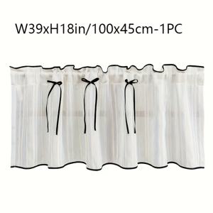 TEMU 1개 일본 한국식 클래식 심플 자수 블랙 리본 테두리 줄무늬 짧은 디자인 빈티지 팜하우스 쉬어 툴 커튼 탑 로드 포켓 고퀄리티 세탁 가능 거실 침실 현관 창문 드레이프|커튼봉