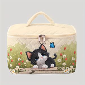TEMU 귀여운 검정 & 흰색 고양이 디자인의 대용량 메이크업 정리 가방 - 꽃무늬 & 나비 패턴, 베이지 & 파스텔 컬러, 여성용 지퍼 클로저 화장품 케이스, 메이크업 브러쉬, 화장대, 여행용 - 고양이 애호가를 위한 완벽한 선물, 메이크업 정리 보관함, 재미있는 디자인, 튼튼한 손잡이 디자인, 뷰티 필수품, 기발한 패턴, 내구성 있는 원단, 뷰티 애호가