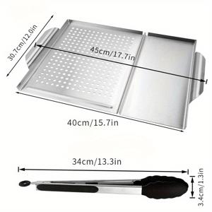 TEMU 2개 세트, 바비큐용 다기능 스테인리스 스틸 그릴 고기 플레이트 + 손잡이 식품 클립, 캠핑 및 가족 모임에서 사용 가능한 멀티퍼포즈 야채 해산물 그릴링 플레이트, 모든 그릴에 적합한 스테이크 및 음식용, 바비큐 액세서리