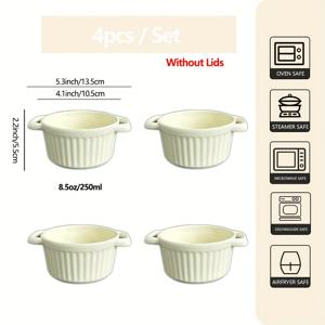 TEMU 8oz 라메킨, 손잡이가 있는 4개 세트, 쌓을 수 있는 세라믹 보울, 크림 브루레용 오븐 안전, 수프 디쉬 베이킹 보울, 푸딩 딥 소스 디저트 요거트 아이스크림용 세라믹 라미킨