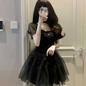 TEMU 여성용 블랙 퍼프 슬리브 스퀘어 넥 드레스 - 프렌치 영감 파티 드레스, 허리 조임 디자인 & 플레어 스커트, 사계절 우아한 캐주얼부터 포멀웨어까지, 솔리드 컬러 메쉬 패널, 소녀용 파티 및 이브닝 웨어, 핏감 좋은 보디스, 구조적 보디스, 고급 원단, 세련된 여성 패션, 슬림핏 드레스, 성인 여성용