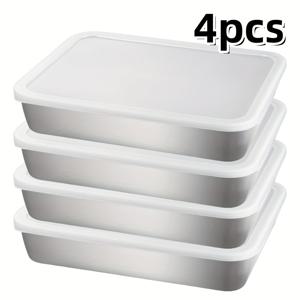 TEMU 4개/30x24cm 밀폐 뚜껑 식품 보관 용기, 냉장고 신선 보관 박스, 스테인리스 케이크 팬, 재사용 가능한 베이킹 트레이, 누수 방지 쌓기 가능 만두·육류·야채·과일·케이크용 주방 & 식료품 정리함