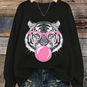 TEMU 캐주얼 스타일리시 여성용 긴팔 라운드넥 티셔츠 - 호랑이 프린트