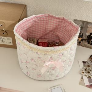 TEMU 레이스 & 체크무늬 접이식 패브릭 보관 바스켓 - 파스텔 핑크/그레이/블루/그린/화이트 리본 장식 - 한국 스타일 장식용 정리함, 골든 & 뚜껑 스타일 상단 - 화장대, 서랍장, 선반용 - 공간 절약형 중첩 바스켓, 메이크업, 공예용 - 파스텔 컬러, 튼튼한 패브릭, 조립 불필요, 다양한 색상 옵션